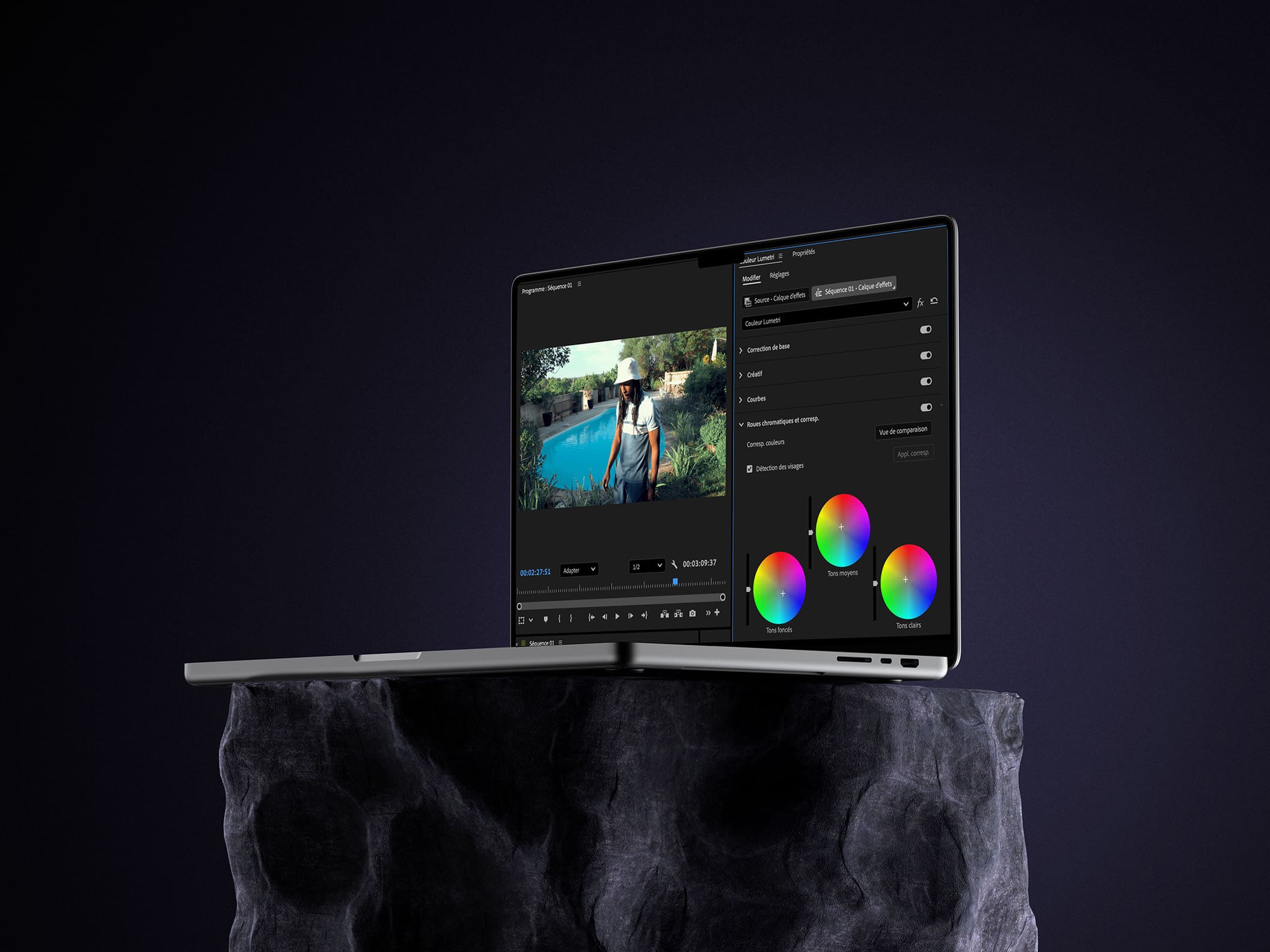 Interface de montage vidéo montrant un projet créatif en cours