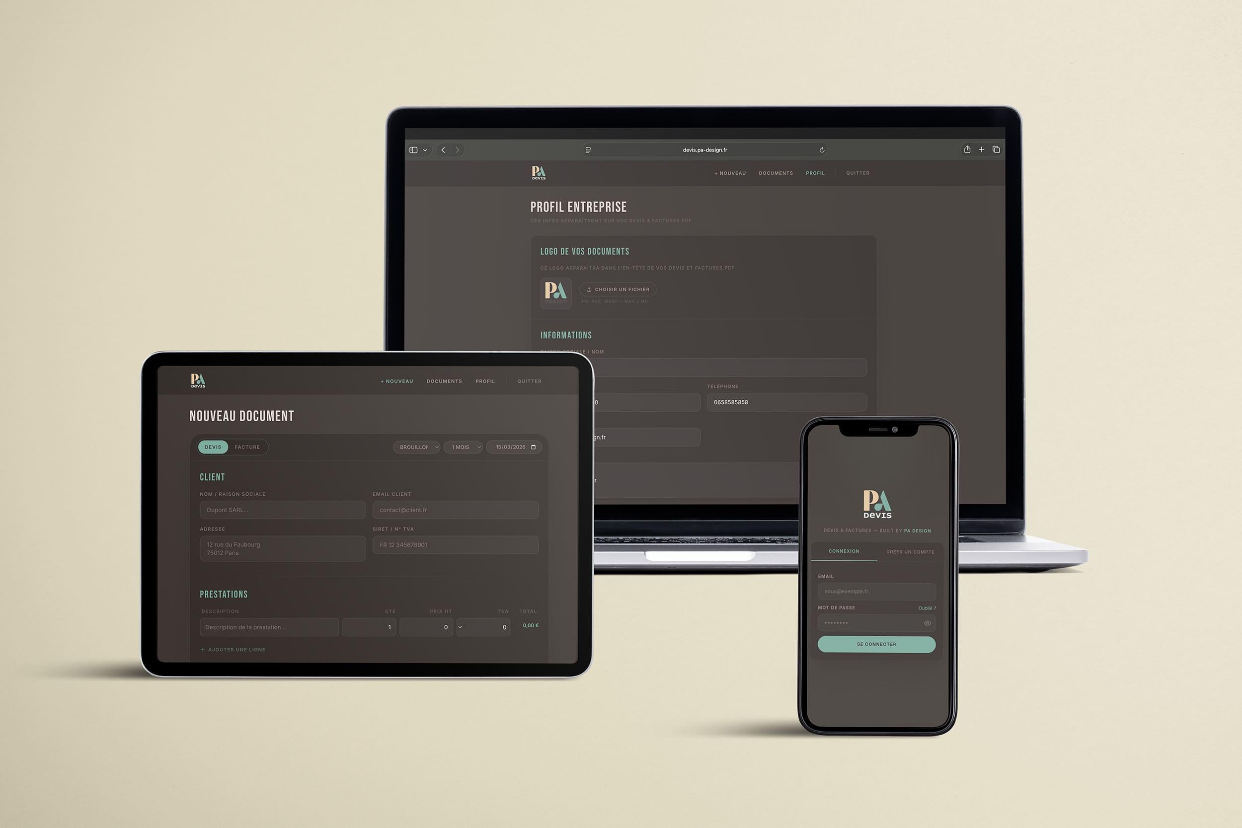 Présentation globale des interfaces de PA Devis